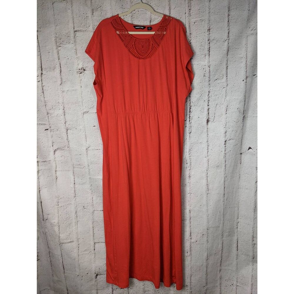 Lands end Women's Short Sleeve Embroidered Neck Red Elastic Waist Maxi Dress Sz‎